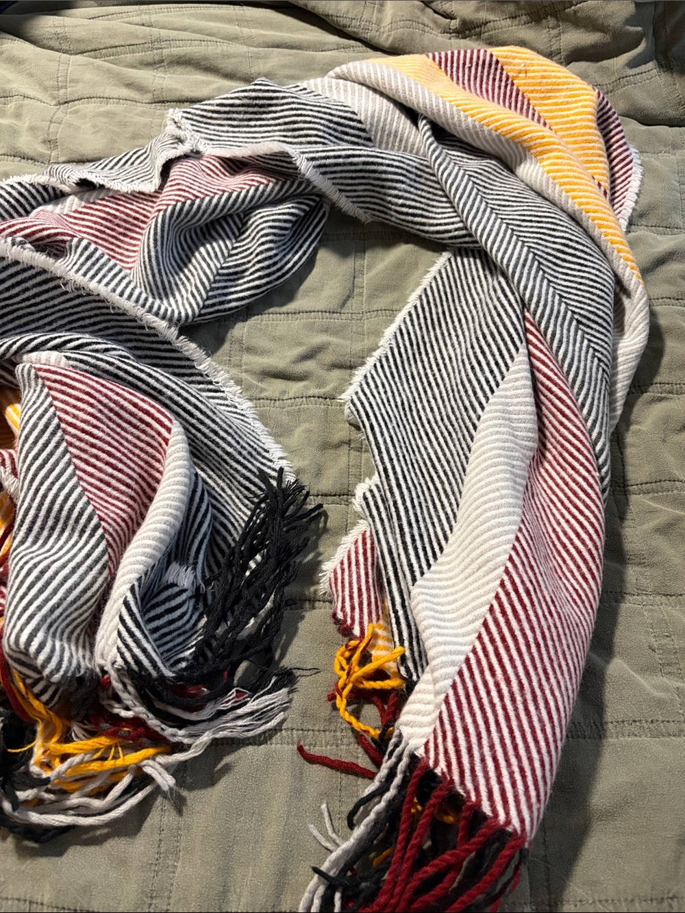 Striped Multicolor Fringe Scarf - Black, White, Red & Yellow